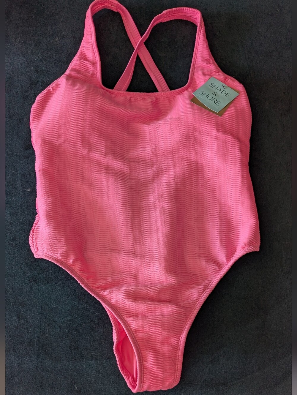 NWT! Shade & Shore Hot Pink Textured Cross-Back One-Piece Swimsuit Size L.
